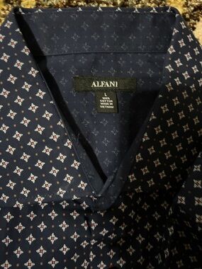 Alfani Navy Geometric Cotton Button-Up Shirt